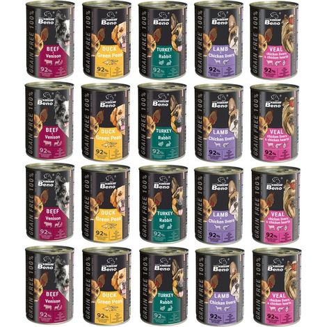 Beno Alimento umido per cani senza cereali, mix da 20 lattine da 415 g, 92% carne.