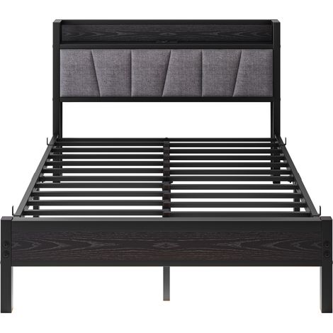 Cama 140 x 190 cm de metal negro con LED, cabecero de almacenamiento y puertos USB (1/5)