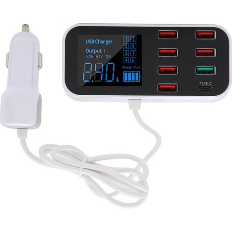 8-Port-USB-40W-Autoladestation mit Display, QC3.0-Zigarettenanzünderadapter und PD-Typ-C für schnelles Laden