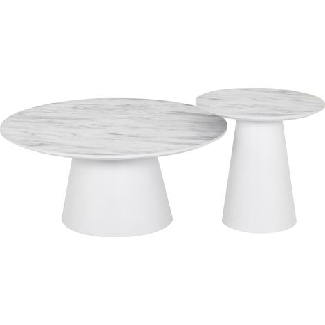 Conjunto de 2 mesas de centro SYLVIA con tablero de melamina de 25 mm efecto mármol y estructura de MDF blanca (Ø 90 y Ø 50 cm) - MOG CASA (1/5)