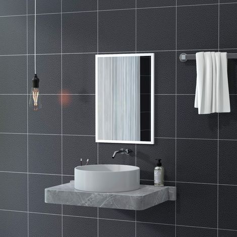 Miroir blanc rectangulaire 50x70 cm avec crochets, cadre MDF et verre, pour salle de bain ou entrée (1/5)