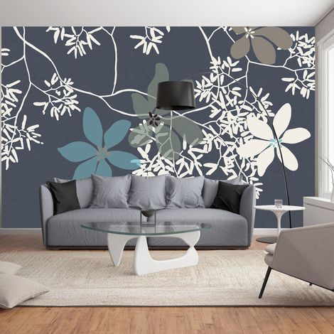 Papier peint intissé Nature Poétique, 250 cm X 270 cm, illustration fleurs et branches, couleurs bleu, gris et vert. Décorez votre intérieur style (1/2)