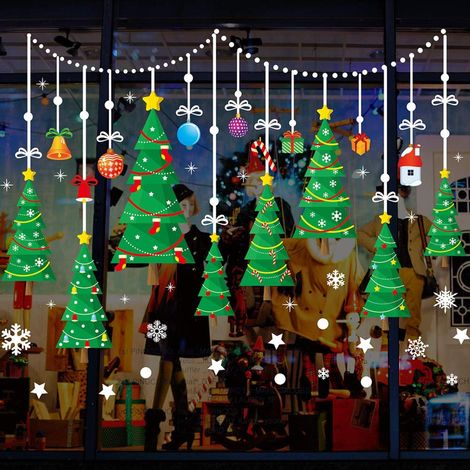 Décorations de Noël à suspendre : sapins, boules et flocons de neige colorés pour fenêtres – Autocollants statiques amovibles pour la maison, les vitrines, la décoration de Noël à faire soi-même et le