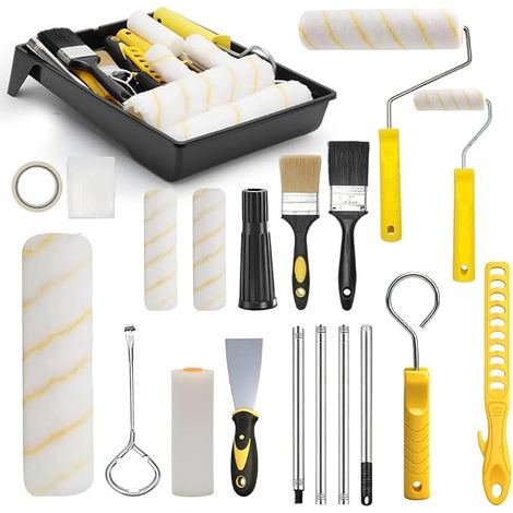 Lot de 18 rouleaux de peinture avec barre télescopique, 18 pièces avec barre télescopique de 1,2 m, rouleau de peinture de 23 cm + 11 cm, pinceau, grattoir et bac à peinture, rouleau de peinture (1/5)