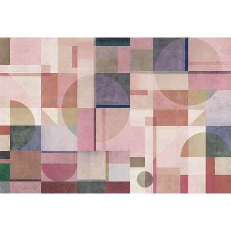 Papier peint panoramique rose & beige graphique Tapisserie panoramique pastel géométrique idéale salon Papier peint panoramique pour cage d'escalier (1/2)