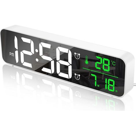 Reloj despertador digital, reloj de pared LED con espejo, pantalla grande, indicador de temperatura y fecha, 2 alarmas, 40 opciones de música, 6 niveles de brillo ajustables, reloj USB para el hogar o (1/5)