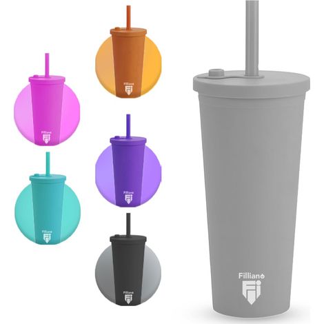 Gobelet avec paille et couvercle Tumbler à double paroi, Verre à boisson 710 ml Café, Thé, Tumbler en acrylique avec grande paille, tasse avec bouchon, Tumbler avec paille (gris) (1/5)