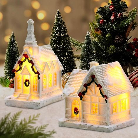 Lot de 2 villages de Noël éclairés blancs avec éclairage, décoration de Noël, maison de Noël miniature (1/5)