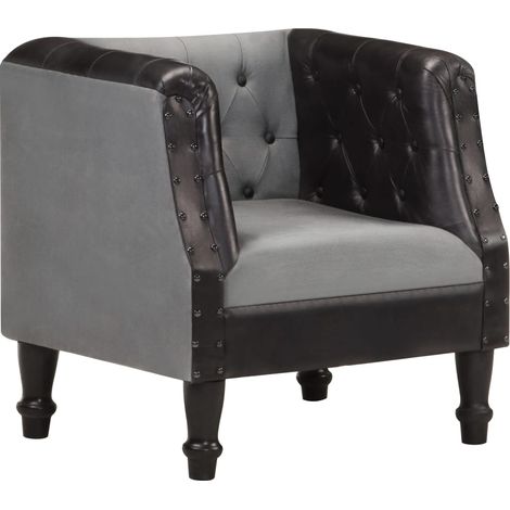 Sessel Schwarz Echtleder und Massivholz Mango