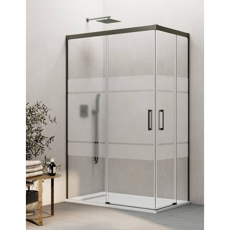 BASIC corner entry shower enclosure with two sliding doors and two fixed panels, 80x70 cm, Frost screen-printed glass, titanium finish (1/5)