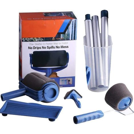 Set di rulli per pittura professionali SUPER TRENDS® con serbatoio, 6 pezzi, accessori per angoli, manico estensibile, blu