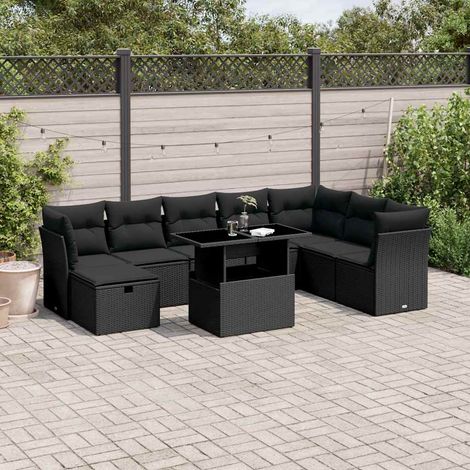 vidaXL Salon de jardin 9 pcs avec coussins noir résine tressée (1/5)