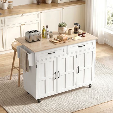 Îlot Central Cuisine Plateau Rabattable, Roulettes, 129x72x90,5 cm, Blanc (1/5)
