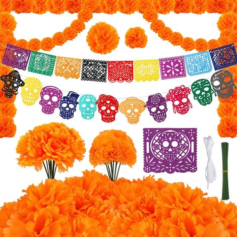 Marigold Fleurs Artificielles Deco, Guirlandes de Fleurs de Calendula Marigold, Papel Picado Dia De Muertos, Chemin de Table Halloween pour Jour des Morts, Dia De Muertos Decoration, C (1/5)