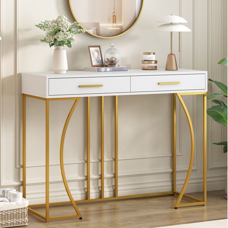 Console 110x32x85 cm blanc en MDF et métal avec tiroir, poignées dorées et pieds réglables (1/5)