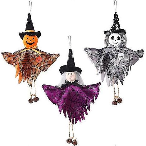 Lot de 3 décorations suspendues pour Halloween : citrouille, fantôme, sorcière, poupée, pendentif, décoration pour fête d'Halloween, maison, patio, jardin.