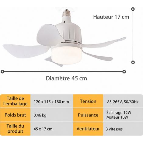 Ventilateur de plafond 45 cm avec lampe LED E27 5 pales 3 vitesses 3 couleurs 45cm réf 9182 11 × 11 × 24 cm 680 g – Livraison gratuite