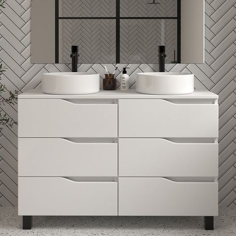 Meuble de salle de bain 120 avec plateau et 2 vasques à poser - sans miroir - 6 tiroirs - blanc - MATA (1/4)
