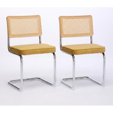 FurnitureR Lot de 2 chaises dorées avec dossier cannage, assise velours et structure cantilever métallique (1/5)