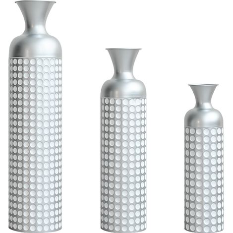 Jarrón de suelo metálico plateado 3 piezas con relieve de puntos 49,5/66/84 cm (1/3)
