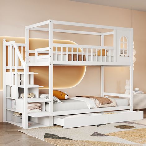 Letto a castello per bambini 90x200 cm, struttura in legno massello, letto matrimoniale con sponda per finestra, 2 cassetti e scaletta, adatto a bambini e adolescenti - Bianco (1/5)