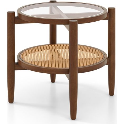 Tavolino rotondo a due livelli per soggiorno, Tavolino da caffè in rattan PE con piano in vetro temperato Marrone (1/5)