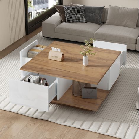 Table basse en panneaux de particules 70 x 70 x 31,5 cm blanc et noyer, carrée avec 3 tiroirs (1/5)