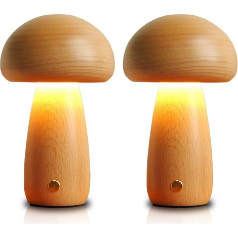2 Pilzlampen aus Holz – Tragbar, kabellos mit Berührungsschalter – Akku-wiederaufladbar – Stufenlos dimmbar (1/4)
