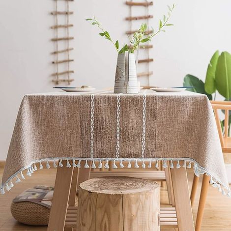 Nappe carrée rustique à carreaux en coton et lin, couleur café clair, idéale pour la cuisine, la salle à manger, les fêtes, les jours fériés, Noël, les buffets, 140 x 220 cm.
