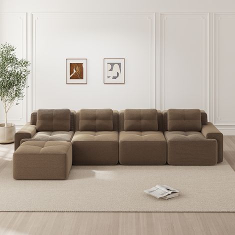 Canapé désossé salon,modulaire avec chaise longue L,canapé bas 4 places velours Cloud,sans montage,antidérapant,marron