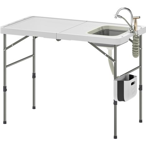 Table de nettoyage de poisson pliante avec hauteur réglable, évier, robinet, tuyau, panier pliant, fentes et sac (1/5)