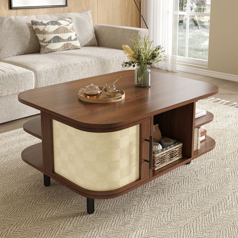 Table basse rectangulaire avec niches ouvertes, rangements fermés, plateau MDF et pieds métal, noyer, 80x60x47 cm (1/5)
