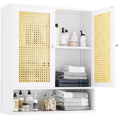 Armoire Murale de Salle de Bain en Bambou avec 2 Portes en rotin et étagère réglable, Armoire à Pharmacie économiseur d'espace pour Linge, Cuisine, Salon (Blanc) (1/5)