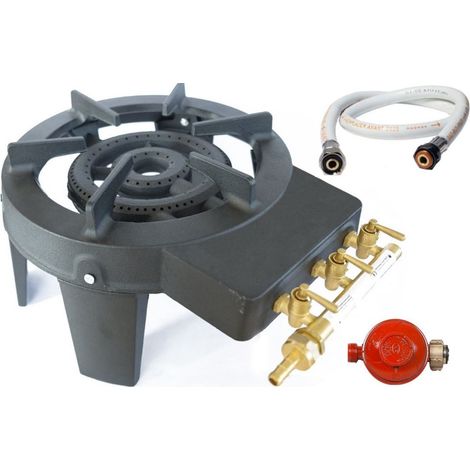 Rechaud à gaz en Fonte véritable 4 pieds 2 bruleurs + Tuyau gaz à vis 1.50m + Détendeur Propane TRIGLAV 9800