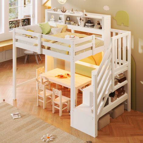 Lit mezzanine pour enfants 90x200 cm blanc avec LED, escalier coffre et rangement (1/5)