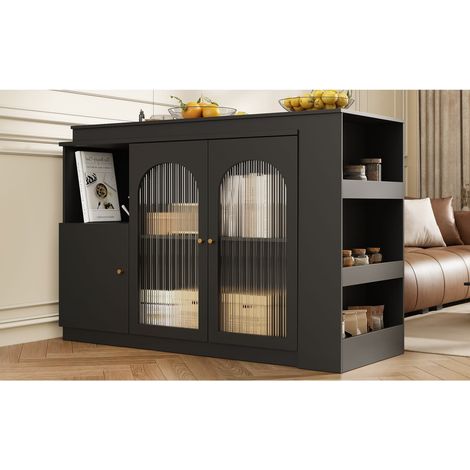 Table de bar pivotante 360° 120 x 40 x 97 cm noire, design moderne avec rangement multifonction et porte vitrée pour cuisine ou bar (1/5)