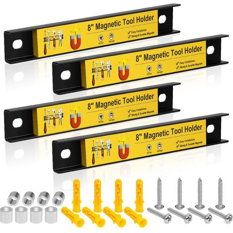 Lot de 4 porte-outils magnétiques de 20,3 cm - Bandes magnétiques robustes - Barre d'outils magnétique - Pour garage, mur, établi, tournevis, clé (1/5)