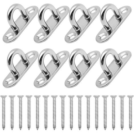 Lot de 8 œillets de fixation - Acier inoxydable - Fixation murale robuste - 45 x 15 mm - Œillet de fixation pour mousqueton - Œillet de fixation pour mât - Crochets de serrage - pour suspendre objets, (1/5)