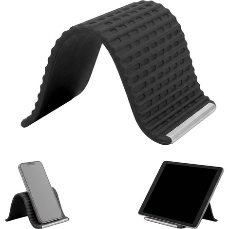Support Téléphone Portable Pliable en Silicone, Support Bureau Universel Antidérapant pour Smartphone et Tablette, Réglable et Ergonomique (Noir) (1/5)