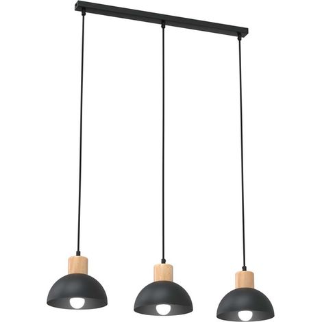 Sospensione Nordica 3 Luci Thoth In Acciaio Nero A Cupola E Legno Naturale