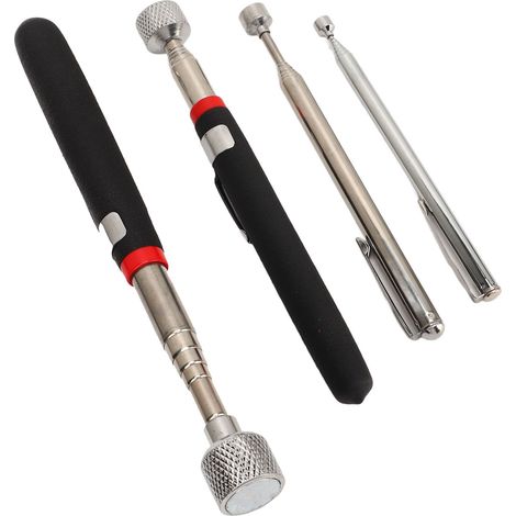 Ensemble de 5 outils de ramassage magnétique : pince magnétique télescopique de 15 lb, 10 lb, 3,5 lb et 1,5 lb, et miroir d’inspection rond.