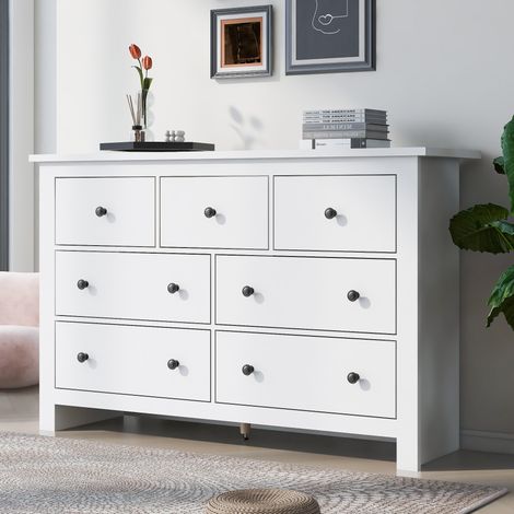 Meuble de rangement design épuré, grand buffet blanc à 7 tiroirs pour salle à manger, bar à café, entrée, cuisine et salon, capacité spacieuse avec rangements multiples. (1/5)