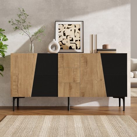 Aparador de aglomerado 4 puertas y 3 cajones, natural y negro, 160x40x80 cm OKWISH (1/5)