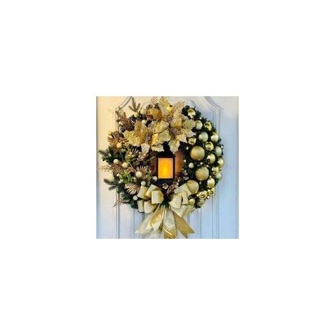 Couronne de Noël de 15,7 pouces avec pièce maîtresse lumineuse LED, grand nœud doré, poinsettias et boules de Noël pour porte d'entrée, guirlande lumineuse, couronne de Noël, décoration murale (1/4)