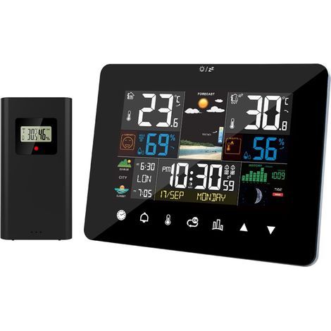 Station météo avec capteur sans fil intérieur/extérieur, affichage du lever et du coucher du soleil, réveil, thermomètre, hygromètre, écran tactile et capteur extérieur sans fil. (1/5)