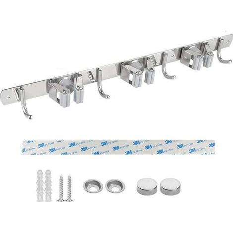 Porte Balai Mural, Acier Inoxydable, Porte Balai Adhésif avec Crochet, Armoire à Balai Multifonctionnelle pour Cuisine, Jardin, Salle de Bains, Garage, Balcon, Bureau (1/5)