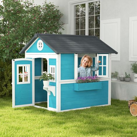 Extérieur Cabane enfant extérieur maison extérieure avec porte fenêtres et jardinières 114 x 126,4 x 135 cm - bleu