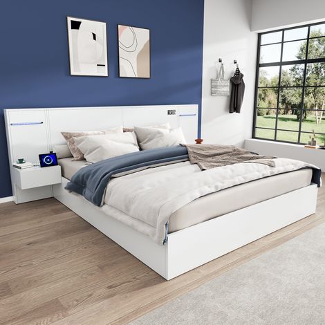 Lit double 160x200cm, lit adulte avec port USB, horloge électronique, éclairage LED et 2 tables de chevet (sans tiroirs), en MDF, blanc, sans matelas (1/5)