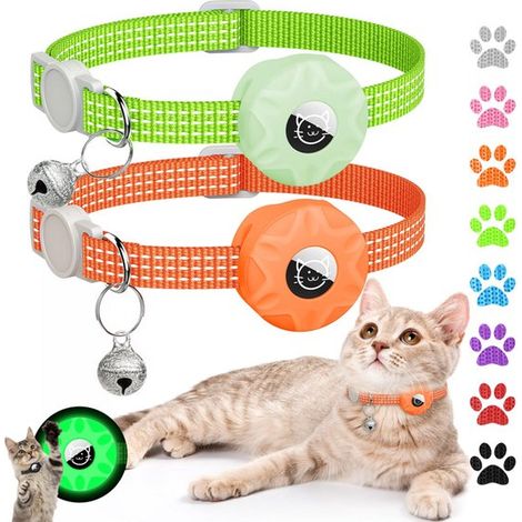2 pièces - Collier réfléchissant et amovible pour chat - Boucle de sécurité - Avec clochette - Collier ajustable pour petit chat - Orange et vert fluo - Convient aux chats femelles, mâles, chatons et (1/5)