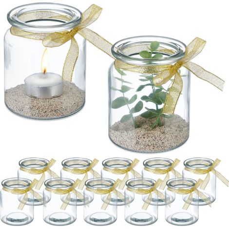 Relaxdays Vasetti Portacandele, Set 12, Porta Candele e Lumini, HxD: 9,5x8 cm, in Vetro, con Fiocco Dorato, Trasparente